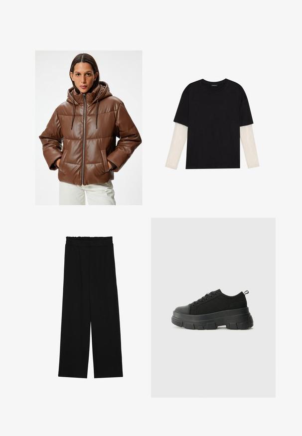 Ruskea puhallettava takki hupulla, valmistettu keinonahasta. Ominaisuuksiin kuuluu vetskari, sivutaskut ja tikattu muotoilu, jossa on sileä pinta.; Mustapaita, joka on valmistettu puuvillasta ja jossa on lyhyet hihat valkoisen pitkähihasen kerroksen päällä, jossa on hienovarainen teksturoitu kuvio. Pyöreä kaula-aukko.; Musta leveälahkeinen housut, joissa on röyhelövyötärö, kaksi sivutaskua ja sileä, kevyt kangas. Ei näkyviä kuvioita tai metalliosia.; Mustat urheilukengät, joissa on paksu kumipohja, teksturoitu kangasvarsi, pyöreä kärki ja nauhalukitus. Varusteena vahvistetut nauhareiät ja takana vetotanko.