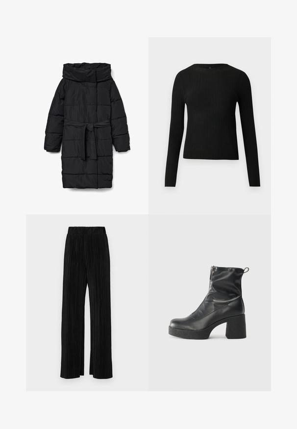 Juoda, siuvinėta vidutinio ilgio pūkinė striukė su plačiu apykakliu ir diržu juosmenyje. Turi lygų, matinį paviršių ir įstrižas siūles.; Juoda dryžuota ilga rankovė prigludusi megztinis su apvalia iškirpte, pateiktas prieš paprastą šviesią fono.; Juodi plisuoti kelnės su elastine juosta. Turėkite plačias kojas ir glotnų, tekstūrinį audinį su vertikaliais dryžiais.; Juodos kulkšninių botai, pagaminti iš lygaus odos, su šoniniu užtrauktuku, masyviu tekstūruotu kulnu ir apvaliu pirštu.