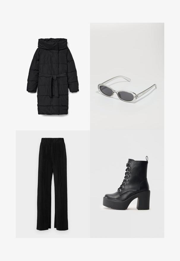 Crna, prošivena jakna srednje duljine s širokim ovratnikom i remenom u struku. Ima glatku, mat teksturu i kose šavove.; Crna majica s kratkim rukavima napravljena od mekanog pamuka. Ima okrugli izrez i pripijen kroj. Glatka tekstura bez uzoraka ili naglasaka.; Crne plisirane hlače s elastičnim pojasom. Imaju široke nogavice i glatku, teksturiranu tkaninu s vertikalnim prugama.; Crne kožne gležnjače s masivnom blok petom, vezanjem sprijeda i teksturiranom površinom. Imaju uzicu straga za lakše oblačenje.; Naočale u ovalnom obliku, okvir od prozirne plastike, tamno sivi leće i tanke prozirne ručke s logotipom i minimalnim detaljima.