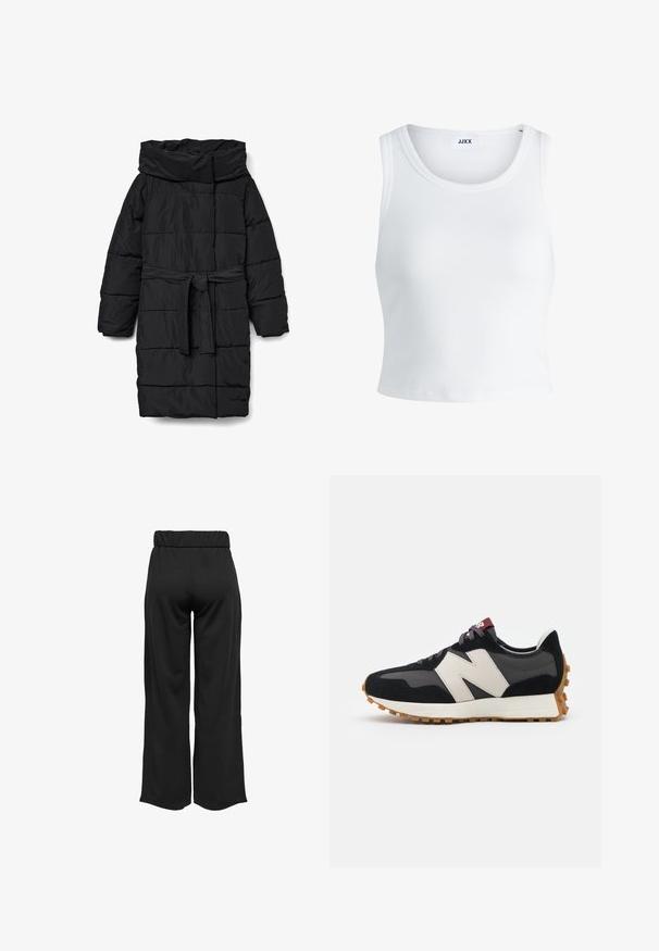 Svart, vadderad pufferkappa i midjelängd med bred krage och skärp i midjan. Har en slät, matt yta och snedställda sömmar.; Vit ribbade linne med rund halsringning, ärmlös design och kort längd. Märket säger "JJXX." Slät tygkvalitet.; Svarta, vida byxor med elastisk midja, tillverkade av en mjuk tyg. Har en ren design utan fickor eller synliga sömdetaljer.; Svart och grå mocka sneaker med en stor krämfärgad "N"-logotyp, lila snören och en texturerad gummisula.