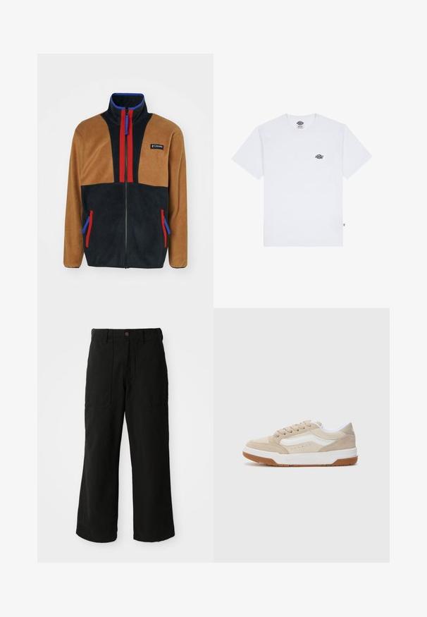 Brown and black fleece jacket with red and blue accents, high collar, full zip closure, and two side pockets with contrasting zippers.; White cotton t-shirt with short sleeves, featuring a small black logo on the chest and a tag on the bottom left corner.; Black wide-leg pants made of soft fabric, featuring front pockets and a button closure at the waist. Minimalist design with no visible patterns.; Beige suede sneaker with white accents, round toe, textured rubber sole, and a low-top design. Stitching detail along sides and laces.