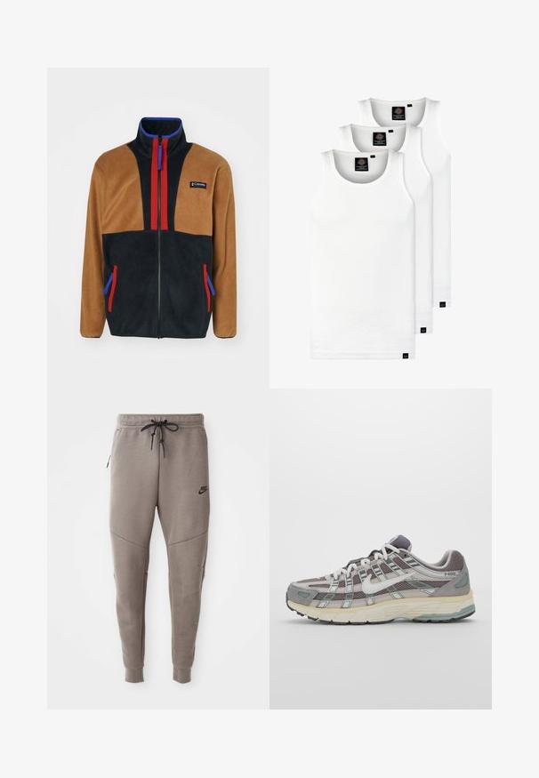 Pruuni ja must villane jakk punaste ja siniste aktsentidega, kõrge krae, täispikk tõmblukk ja kaks küljetaskut kontrastsete tõmblukkudega.; Kolm valget ribaga t-särki, mis on valmistatud puuvillast. Omavad ümmargust kaelanõhku ja väikseid musti silte hemme lähedal. Saadaval erinevates suurustes.; Hallide Nike dressipüksid, millel on nööriga vöökoht, kitsenevad sääred, küljetaskud ja eristuv õmbluse detail. Pehme, tekstureeritud kangas.; Hallus hallitus jalanõud, millel on võrgust ja sametist ülemine osa, valged rõhutused, pehme tald ning eristuv disain peegelduvate elementidega.