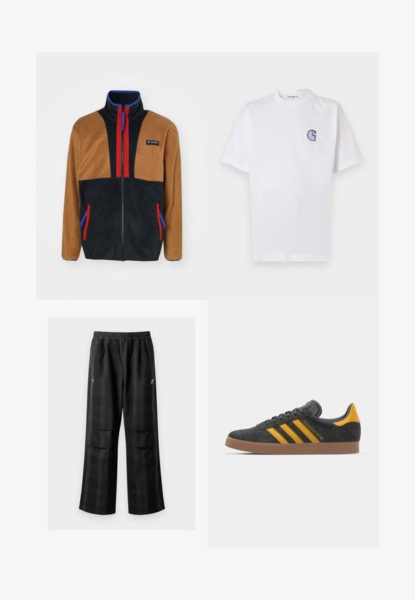 Brown and black fleece jacket with red and blue accents, high collar, full zip closure, and two side pockets with contrasting zippers.; White cotton t-shirt with short sleeves, round neckline, and a small, embroidered blue "C" logo on the left chest area.; Black plaid pants featuring an elastic waistband, two front pockets, and a loose fit with a straight leg design. Made from lightweight material.; Black suede sneaker with yellow accents, featuring three stripes and a brown rubber sole. Includes a padded tongue for comfort.