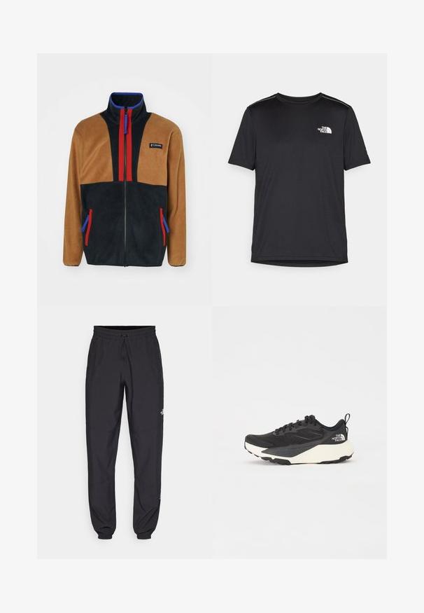 Smeđa i crna polar jakna s crvenim i plavim detaljima, visokim ovratnikom, punim patentnim zatvaračem i dva bočna džepa s kontrastnim patentnim zatvaračima.; Crna majica kratkih rukava izrađena od lagane tkanine. Ima mali bijeli logo na lijevoj strani grudi i suptilne naglaske na ramenima.; Crne sportske hlače od lagane tkanine, s pojasom na vezanje, bočnim džepovima i suženim manžetama na gležnjevima.; Crne atletske tenisice s teksturiranim mrežastim gornjim dijelom, solidnim crnim detaljima i laganom bijelom potplatom. Sadrži vezanje čipkom i trakicu za povlačenje.