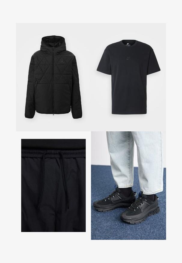 Svart quiltet jakke med hette, frontglidelås og to sidelommer. Har et subtilt logo på brystet. Glatt, teksturert stoff.; Nike svart bomull T-skjorte med klassisk rund hals, korte ermer, og en subtil, preget logo på brystet. Glatt tekstur.; Sorte shorts med snor i livet, lett stoff med en jevn tekstur, og et enkelt design uten synlige logoer eller mønstre.; Svarte sportssko med teksturert stoff og gummisåler, med elastiske lisser og en blå detalj på hælen. Brukt med lyse denimbukser.