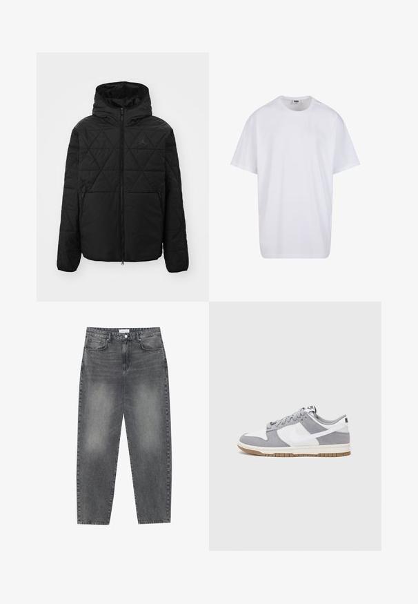 Giacca nera trapuntata con cappuccio, zip frontale e due tasche laterali. Presenta un logo discreto sul petto. Tessuto liscio e strutturato.; Maglietta bianca in cotone con maniche corte, scollatura rotonda, vestibilità comoda e senza loghi o motivi visibili. Texture liscia e design minimale.; Jeans a vita alta, dal taglio ampio in denim nero sbiadito. Presentano cinque tasche, passanti per cintura e un design dritto e pulito.; Sneaker grigia e bianca con tomaia in suede e pelle, punta arrotondata, lacci piatti e soletta in gomma con un accento color caramello.