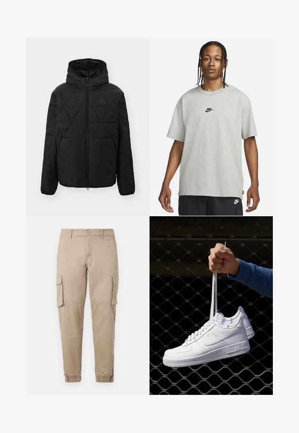 Giacca nera trapuntata con cappuccio, zip frontale e due tasche laterali. Presenta un logo discreto sul petto. Tessuto liscio e strutturato.; Giovane con capelli intrecciati che indossa una maglietta Nike grigia chiara e pantaloni Nike neri su uno sfondo bianco semplice.; Pantaloni cargo beige in un leggero cotone. Presentano polsini elasticizzati, molteplici tasche laterali e una chiusura con bottone.; Sneakers in pelle bianca con perforazioni, punta rotonda, suola piatta e lacci spessi, con logo swoosh visibile e "AIR" sul tallone.