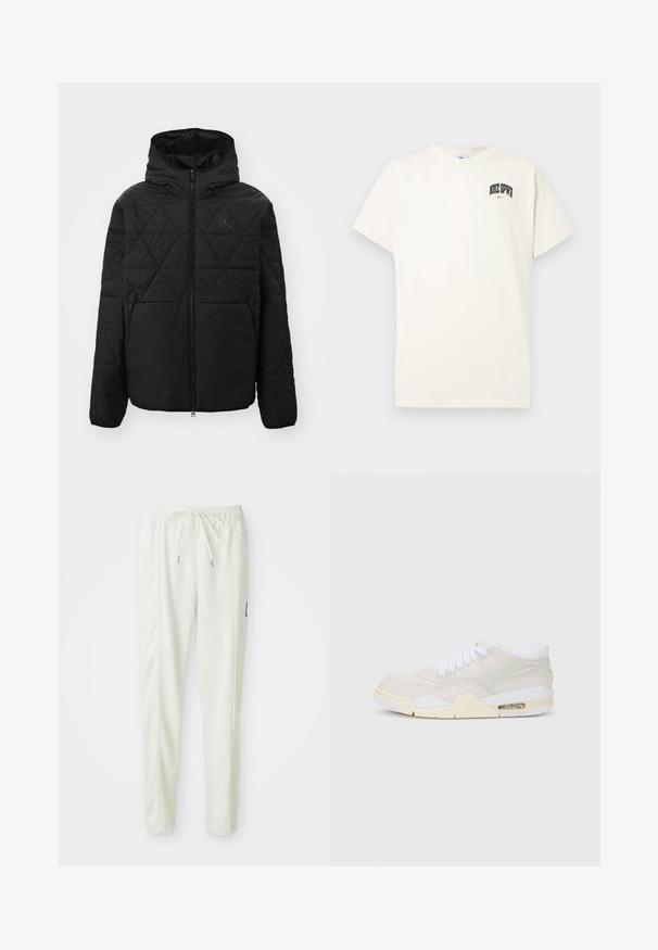 Čierna prešívaná bunda s kapucňou, predným zipsom a dvoma bočnými vreckami. Obsahuje nenápadné logo na hrudi. Hladká, textúrovaná tkanina.; Krémová bavlnená tričko s krátkymi rukávmi, s nápisom "NIKE SB" v čiernej a červenej farbe na hrudi. Štandardný okrúhly výstrih.; Biele slim-fit teplákové nohavice s elastickým pásom a šnúrkou, s bočnými švovými detailmi a malou čiernou nášivkou na pravej nohe.; Tenisky s svetlo béžovým syntetickým zvrškom, bielymi šnúrkami a viditeľným tlmením. Majú hladkú podrážku a jemné bočné akcenty.