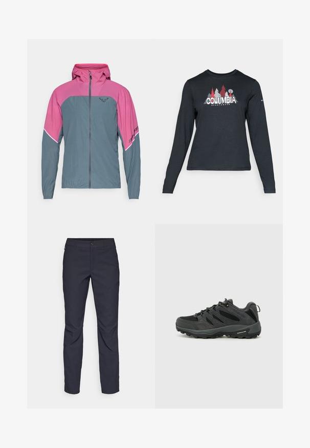 Jachetă ușoară cu partea superioară roz și partea inferioară gri. Are un fermoar frontal, glugă și detalii de brand negre pe mânecă. Material respirabil.; Cămașă cu mâneci lungi de culoare gri închis, cu un grafic de copaci roșii și munți; logo-ul "COLUMBIA" în text alb îngroșat. Material moale, guler standard de tip crew.; Pantaloni bleumarin dintr-un material neted, cu închidere frontală cu buton, croială slim-fit și detalii pliate la genunchi.; Columbia REDMOND - Pantofi drumeție - black/citron haze