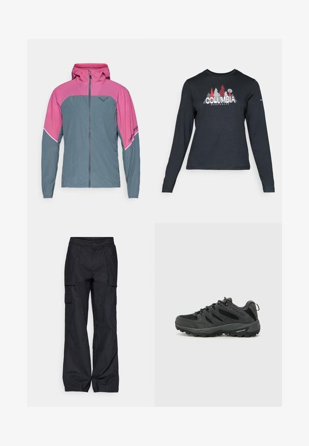 Kergejakk, millel on roosa ülaosa ja hall alaosa. Jakk on varustatud esikäibega, kapuutsiga ja musta brändingu detailiga varrukal. Hingaav kangas.; Pikend varrukatega tumehall särk, millel on punaste puude ja mägede graafika; "COLUMBIA" logo julge valge tekstiga. Pehme kangas, tavaline ümmargune kaelus.; Columbia BREA FALLS™ COTTON RIPSTOP PANT - Õuepüksid - black; Columbia REDMOND - Matkajalatsid - black/citron haze