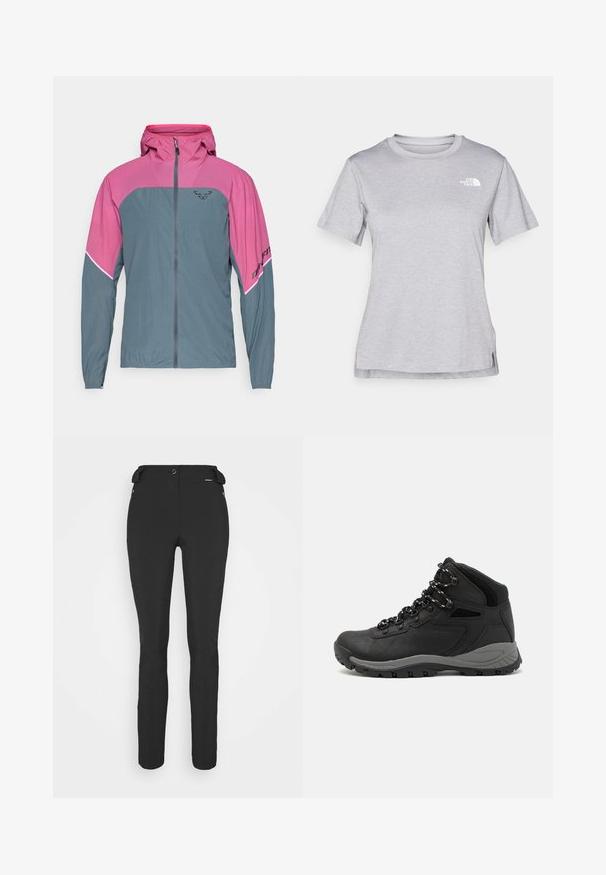 Casaco leve com parte superior rosa e parte inferior cinza. Possui um fecho frontal, capuz e detalhe de marcação preta na manga. Tecido respirável.; T-shirt cinza de mangas curtas feito de um tecido suave e que absorve a humidade. Apresenta um decote redondo e um pequeno logotipo branco na parte superior esquerda.; Calças pretas, ajustadas, feitas de um material flexível. As características incluem um bolso lateral com fecho éclair, joelhos articulados e uma textura suave.; Bota de caminhada preta com design de cano médio, apresentando um upper texturizado, detalhes cinzentos e sola de borracha durável com cravos de tração.