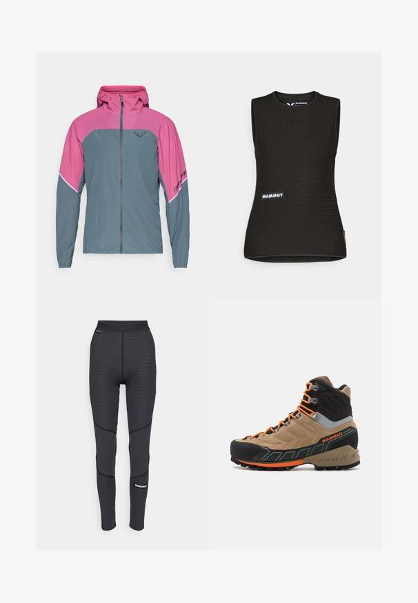 Lengvas džemperis su rožiniu viršumi ir pilku apačia. Jame yra priekinis užtrauktukas, kapišonas ir juodas prekės ženklas ant rankovės. Orui pralaidus audinys.; Juodas be rankovių marškinėliai su tekstūruota raštu, apvaliu iškirpimu ir "MAMMUT" logotipu priekyje. Pagaminti iš pralaidaus oro medžiagos.; Juodos sportinės legginsai su tekstūruotomis dalimis ir sustiprintu siuvimu, turintys prekės ženklo logotipą ir plačią, elastinę juostą.; Šviesiai smėliniai ir juodi aukšti žygio batai su oranžinėmis raišteliais, guminėm priekine dalimi, tekstūruota viršutinė dalimi ir tvirtu padu. Yra sustiprinta kulkšnies parama.