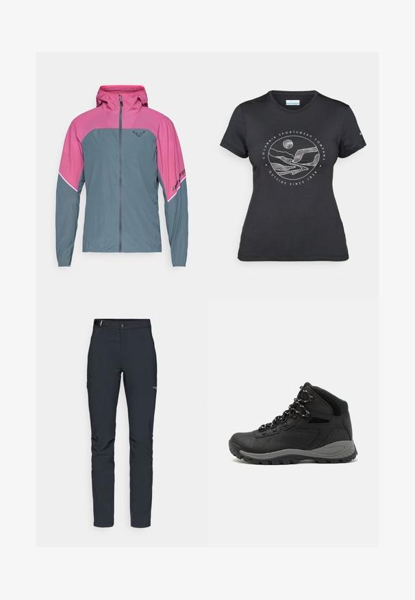 Let jakke med en pink overdel og grå underdel. Den har en frontlynlås, hætte og sort brandingdetalje på ærmet. Åndbart stof.; Sort Columbia t-shirt med hvid cirkulær bjerg- og flodlinjekunst samt teksten "Columbia Sportswear Company Udenfor Siden 1938."; Herrers udendørsbukser, mørkegrå, lavet af fleksibelt materiale, med bælte, lynlåslommer og forstærkede syninger.; Sort vandrestøvle med en mellem-højde design, der har en tekstureret overdel, grå detaljer og en holdbar gummisål med skridsikre klodser.