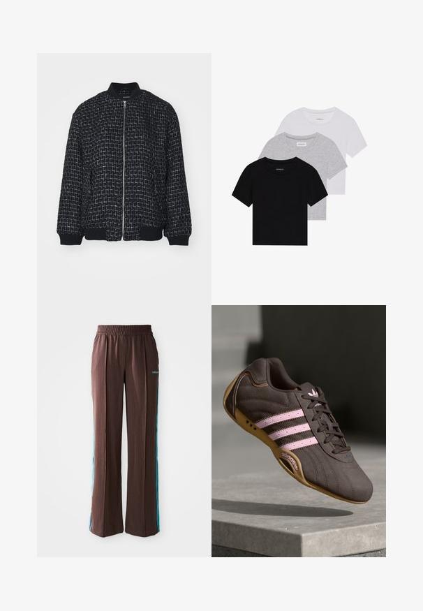 Svart bomberjakke med et teksturert, vevd mønster, sølvtråddetaljer, ribbestrikkede mansjetter og krage, og glidelås i front.; Sett med tre kortermede t-skjorter i svart, grått og hvitt. Laget av bomull, med rund hals og en enkel, ensfarget design.; Brune sporty bukser med ribbet tekstur, elastisk talje og turkise side striber. Har adidas-logoet på forsiden.; Brune suede atletik sko med rosa striper og logo, med en teksturert overdel, snøring og såle i gummigummi.