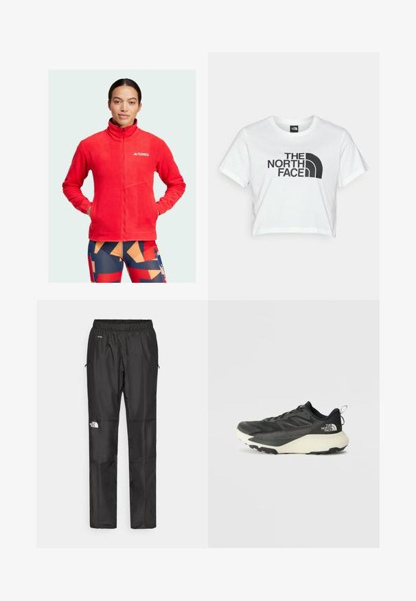 Red fleece jacket with high collar, full front zipper, and logo on chest. Features two pockets and a soft, textured surface.; White cropped t-shirt made of cotton, featuring a large black "THE NORTH FACE" logo and iconic half-dome graphic on the front.; Black waterproof pants made from lightweight fabric, featuring an elastic waistband, side pockets, and a logo on the left leg.; Black athletic shoe with a textured upper, featuring gray accents and a white midsole. Includes a pull tab and prominent brand logo on the heel.