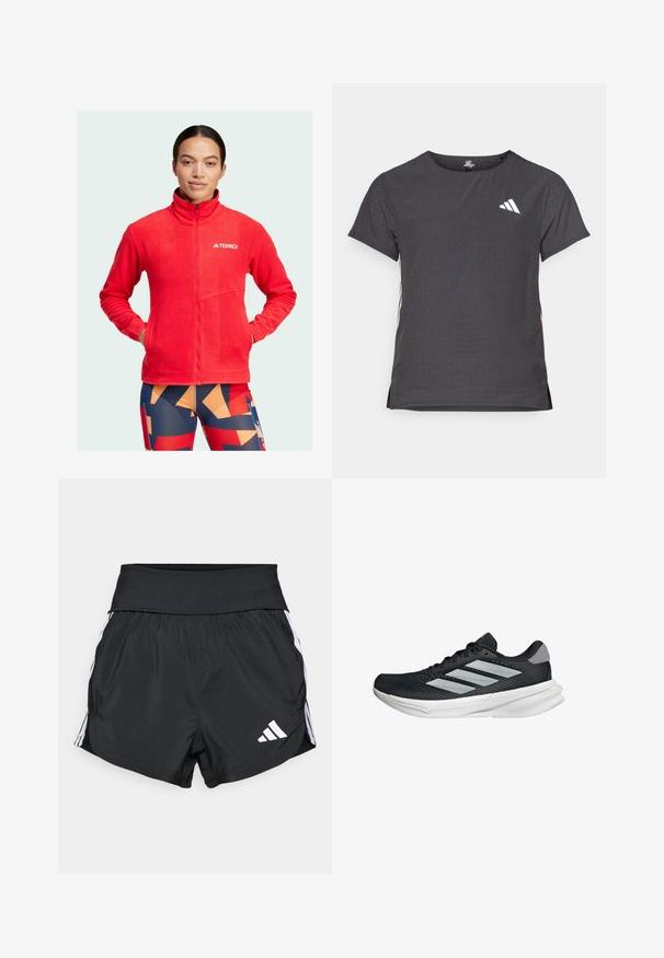 Rote Fleecejacke mit hohem Kragen, vollständigem Frontreißverschluss und Logo auf der Brust. Verfügt über zwei Taschen und eine weiche, strukturierte Oberfläche.; Kurze Ärmel Sport-T-Shirt, dunkelgrau mit durchbrochener Textur. Enthält ein weißes Logo und kontrastierende Seitenstreifen. Runder Ausschnitt.; Schwarze Sportshorts aus leichtem Material mit einem breiten Bund, weißen Seitestreifen und einem kleinen weißen Logo am unteren Saum.; Schwarzer Laufschuh mit Mesh-Obermaterial, drei silbernen Streifen, weißer Zwischensohle und strukturiertem Außensohle. Verfügt über einen gepolsterten Schaft und eine Schnürung.