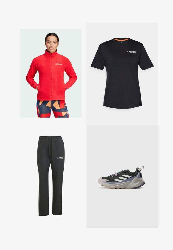 Rød fleecejakke med høj krave, fuld frontlynlås og logo på brystet. Har to lommer og en blød, struktureret overflade.; Sort kortærmet T-shirt med rund halsudskæring, der har en subtil meleret tekstur og hvid "TERREX"-logo på den øverste venstre side.; Sorte letvægtsbukser med elastisk talje. Har et diskret "TERREX" logo i hvid. Glat stof og lige ben-design.; Sort sportsko med Gore-Tex overdel, hvide striber, lilla detaljer, tykk grå mellemsål og tekstureret grå ydersål for godt greb.