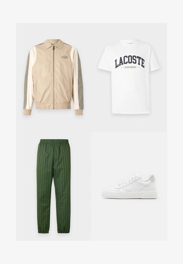 Beige leather bomber jacket with green and white panel accents, zip closure, ribbed cuffs, and GUESS logo patch on the chest.; White t-shirt made of cotton featuring a navy and olive green "LACOSTE SPORTSWEAR" logo printed across the chest in a curved design.; Green patterned athletic pants with an elastic waistband, tapered legs, and a geometric design feature throughout. Made of lightweight material.; White leather sneakers with a smooth finish, rounded toe, flat laces, and a textured sole. Grey suede accent at the heel.