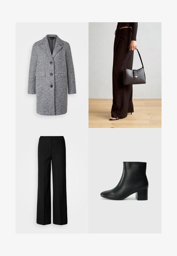 Vero Moda Petite VMAMBERBECCA COAT - Palton scurt - mottled grey; Tricou cu mâneci lungi și gât rotunjit, din material alb moale și ușor, cu o croială lejeră. Prezintă un tiv curat și nu are elemente de prindere vizibile.; Pantaloni negri cu picioare largi dintr-un material neted, având talie înaltă, cusături adaptate și un design minimalist. Fără accesorii vizibile sau buzunare.; Cizme negre din piele până la gleznă, cu vârf ascuțit și toc robust. Textură netedă, cu accente minime și un design elegant, ajustat.; Genți negre cu o formă structurată, textură netedă și un închizător metalic. Asortată cu pantaloni negri largi și sandale cu vârf deschis pe un podea din lemn.
