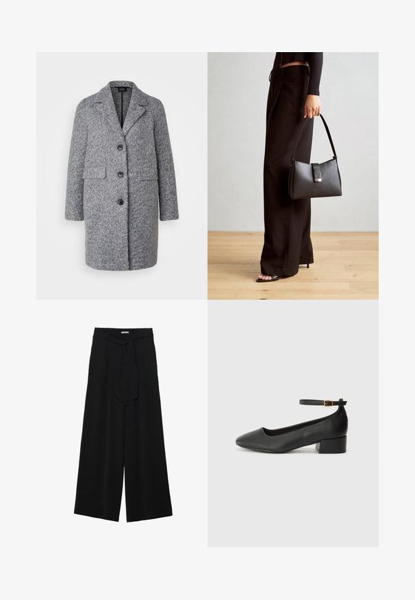 Vero Moda Petite VMAMBERBECCA COAT - Palton scurt - mottled grey; Două bluze cu mânecă lungă și guler înalt, una albă și una neagră, realizate dintr-un material neted și elastic, ambele având un design slim-fit.; Pantaloni largi negri dintr-un material texturat, cu un tiv elastic și o panglică detașabilă la talie pentru un fit ajustabil.; Pantof cu toc negru din piele, cu vârf ascuțit și toc mic pătrat. Dispune de o curea la gleznă cu o cataramă în tonuri de aur. Textură netedă.; Genți negre cu o formă structurată, textură netedă și un închizător metalic. Asortată cu pantaloni negri largi și sandale cu vârf deschis pe un podea din lemn.