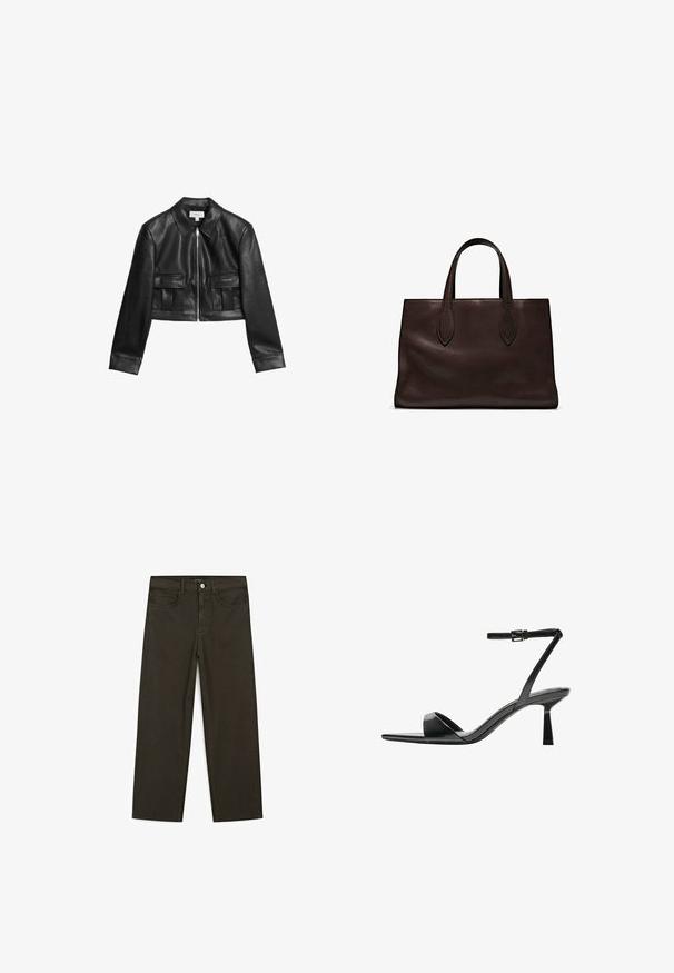Giubbotto in pelle nera tagliato, con chiusura a zip, colletto classico e due tasche frontali con design a pieghe. Texture liscia in tutto il capo.; T-shirt in cotone marrone, maniche corte, collo a giro, vestibilità abbastanza ampia, texture liscia, design minimalista, senza motivi o dettagli visibili.; Jeans a gamba larga di colore verde scuro, realizzati in tessuto misto cotone, dotati di chiusura con bottone frontale, cinque tasche e cuciture classiche in denim.; Bershka Sandali con tacco - black; Borsa a spalla in pelle marrone con due manici lunghi, forma rettangolare strutturata, texture liscia e dettagli di cucitura sottili.