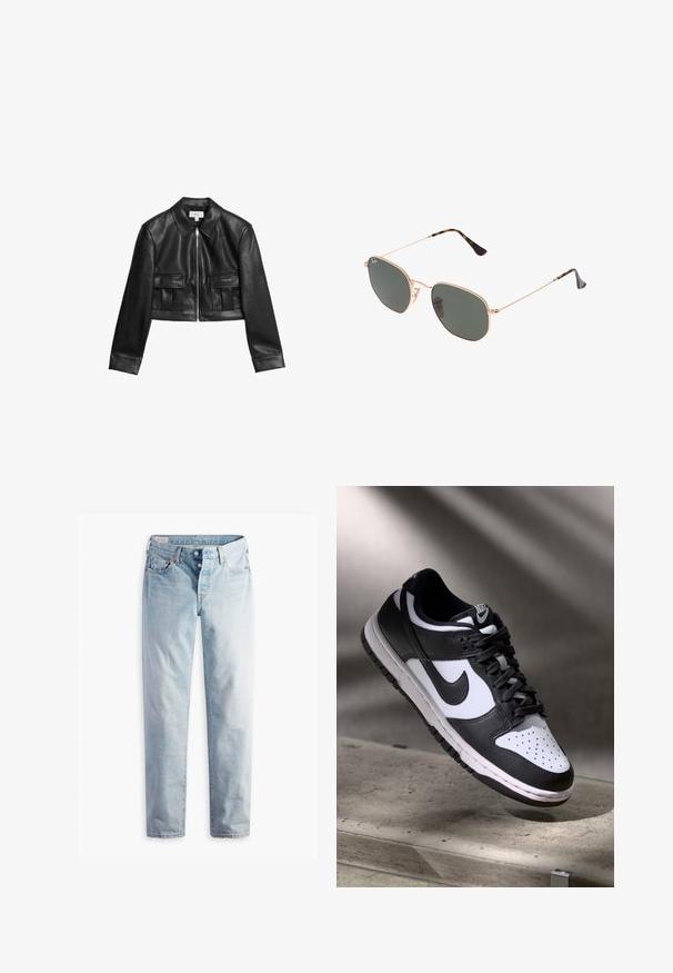 Taillierte schwarze Lederjacke mit Reißverschluss vorne, klassischem Kragen und zwei vorderen Taschen mit gefälteltem Design. Glatte Oberfläche.; Weißes Langarmoberteil mit weitem Ausschnitt, seitlichen Schlitzen und einem glatten, leichten Stoff, das ein einfaches, minimalistisches Design aufweist.; Hellblaue Jeans aus Denim mit geradem Bein, zwei Fronttaschen und zwei Gesäßtaschen. Enthält einen Zwei-Knopf-Reißverschluss und dezente Nähte.; Schwarz-weißer Nike Dunk Low Sneaker mit Lederobermaterial, perforiertem Zehenbereich und schwarzen Schnürsenkeln, ausgestattet mit einer weißen Sohle und Logo-Akzenten.; Goldfarbene Metallrahmen-Sonnenbrillen mit dunkelgrünen Gläsern im Pilotenstil, mit schlanken Bügeln und Schildpatt-Akzenten an den Spitzen.; Graue gewebte Handtasche in dreieckiger Form, mit einem einzigen Tragegurt und strukturierten Oberflächen, Reißverschlussverschluss und gleichmäßigem Muster.