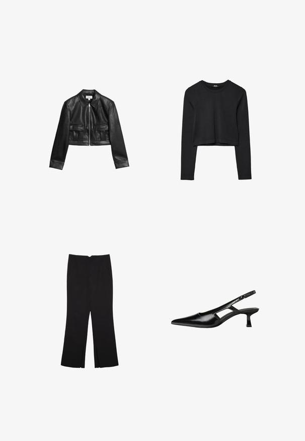 Giubbotto in pelle nera tagliato, con chiusura a zip, colletto classico e due tasche frontali con design a pieghe. Texture liscia in tutto il capo.; Top cropped nero a maniche lunghe con scollatura tonda, design semplice e orlo leggermente curvo.; Pantaloni neri a gamba dritta, con tasche frontali e spacchi laterali all'orlo. Realizzati in tessuto morbido e liscio. Adatti a diverse occasioni.; Tacchi slingback in pelle verniciata nera con punta affusolata, design con tagli laterali e tacco quadrato piccolo. Texture liscia con dettagli minimi.