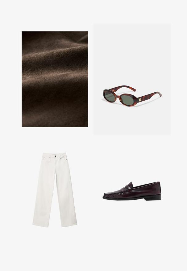 Braunes Wildleder mit einer weichen Textur, das sanfte Falten und eine reichhaltige, einheitliche Farbe aufweist, geeignet für verschiedene textile Anwendungen.; AllSaints LISA - T-Shirt basic - white; Weiße Schlagjeans aus Denim, mit hoher Taille, Fünf-Taschen-Design und Metallknopfverschluss. Glatte Textur, ohne Muster.; Dunkelbraune Herrenleder-Pennyloafers mit schwarzer Sohle und Steppdetails entlang der Spitze, im Seitenprofil gezeigt.; Schildkrötenmuster Sonnenbrille mit dunklen Gläsern, ovaler Form und breiten Bügeln. Verfügt über eine kleine goldene Akzentuierung an der Seite. Hergestellt aus glattem Kunststoff.