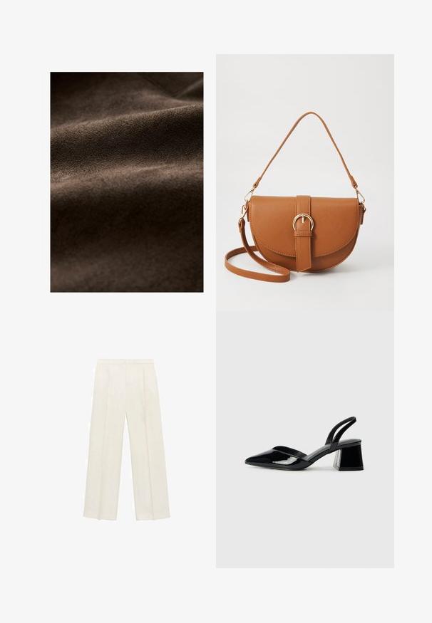 Bruin suède stof met een zachte textuur, gekenmerkt door zachte plooien en een rijke, uniforme kleur, geschikt voor verschillende textieltoepassingen.; Witte katoenen t-shirt met korte mouwen en een ronde hals. Eenvoudig ontwerp, losse pasvorm, gladde textuur. Geen patronen of accenten zichtbaar.; Wijdgevallen broeken in een lichtcrème kleur. Gemaakt van een zachte stof met plooien aan de voorkant en zijzakken.; Zwarte gepatineerde leren slingback hakken met een spitse neus en een geometrische blokhak. Kenmerkt zich door een slank, minimalistisch ontwerp en een gladde textuur.; Bruine leren schoudertas met een gebogen vorm, gouden hardware en een gespaccent. Bevat een afneembare schouderriem.