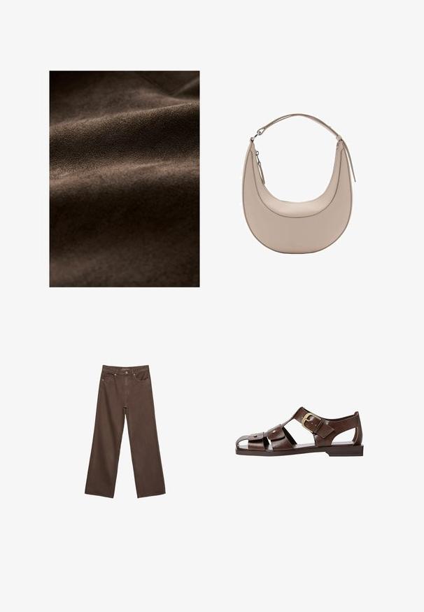 Hnedá semišová tkanina s jemnou textúrou, so slabými záhybmi a bohatou, jednotnú farbou, vhodná pre rôzne textilné aplikácie.; Hnedé tričko s krátkym rukávom vyrobené z mäkkej textílie, s okrúhlym výstrihom a uvoľneným strihom. Hladká štruktúra bez vzorov alebo akcentov.; Džínsy s širokými nohavicami v hnedej farbe, vyrobené z denimu, so zvýšeným pásom, prednými vreckami a klasickým zapínaním na gombík. Hladká textúra s jemným prešívaním.; Hnedé kožené sandále s vyrezávaným dizajnom, nastaviteľnou bočnou sponou a plochou podrážkou, s kovovými akcentmi a otvorenou špičkou.; Béžová kožená taška cez rameno s polkruhovým tvarom, hladkou textúrou a jedným zakriveným uchom. Obsahuje zipsové uzatváranie a úhľadné švy.