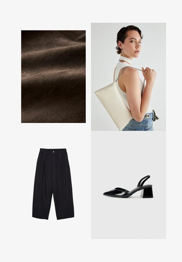 Rjava nubuk tkanina z mehkobo, ki vključuje nežne gube in bogato, enakomerno barvo, primerna za različne tekstilne aplikacije.; Črna kratkotrajna majica brez rokavov iz bombaža. Ima okroglo ovratnico in sproščen kroj z gladko, enostavno teksturo. Brez vidnih vzorcev ali dodatkov.; Črne poliesterske culotte hlače z elastičnim pasom, dvema sprednjima nabiranjema in ohlapnim krojem. Brez vidnih vzorcev ali kovinskih detajlov.; Črne lakirane slingback pete s koničastim nosom in geometrijsko blokasto peto. Imajo eleganten, minimalističen dizajn in gladko teksturo.; Bela pravokotna torbica za ključe iz sijajnega materiala, opremljena s srebrno verižico. Model pozira in prikazuje torbico na enobarvni podlagi.