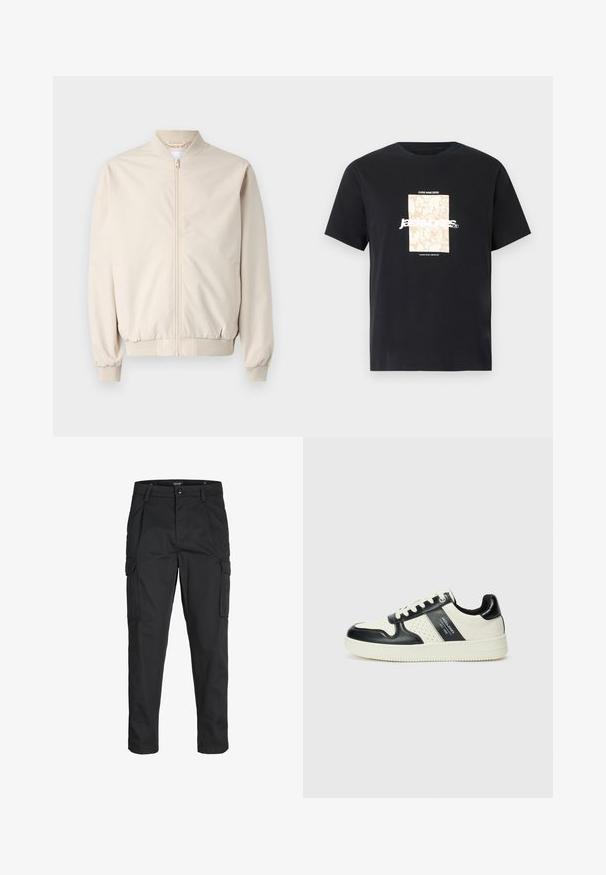 Bežová bomber bunda s predným zipsom, ryhovaným golierom a manžetami, hladkým materiálom a bočnými vreckami. Jednoduchý dizajn s uvoľneným strihom.; Čierne bavlnené tričko s okrúhlym výstrihom. Na prednej strane sa nachádza béžová obdĺžniková grafika s bielym textom "JAWO," ktorý je umiestnený na stred. Krátke rukávy.; Čierne cargo nohavice z odolnej látky, s viacerými vreckami, gombíkovým zapínaním a úzkym strihom so zúženými nohavicami.; Kožené tenisky v čierno-krémovej farbe, s perforovanými akcentmi, polstrovaným golierom a štruktúrovanou podrážkou.