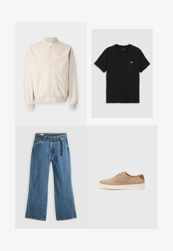 Bežinė bomber tipo striukė su priekiniais užtrauktukais, raukšlėta apykakle ir rankogaliais, lygaus audinio ir šoninėmis kišenėmis. Paprastas dizainas su laisvu siluetu.; Juodas medvilninis marškinėliai su trumpomis rankovėmis, apvaliu kaklu, pasmerktas mažas baltas Levi's logotipas ant krūtinės, lygus teksturas, klasikinis modelis.; Mėlyni džinsiniai plačių kojų džinsai su prijungtu diržu, priekinėmis kišenėmis ir matomomis siūlėmis ant vientiso šviesaus fono.; Bežiniai zomšiniai sportbačiai su apvaliomis pirštų dalimis, raišteliais priekyje ir tekstūruotu užkulniu. Balta guma suteikia kontrastą. Paprastas ir modernus dizainas.