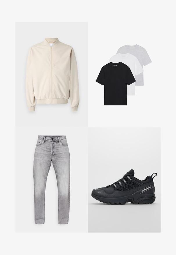Bež bomber jakna s prednjim zip-zatvaračem, rebrastim ovratnikom i manžetama, glatkim materijalom i bočnim džepovima. Jednostavan dizajn s opuštenim krojem.; Set od tri osnovne majice u crnoj, bijeloj i svijetlosivoj boji. Kratki rukavi, okrugli izrez, izrađene od glatkog pamučnog materijala. Vidljiv logotip branda.; Sivi traperice s ravnim krojem, sa izblijedjelim pranjem, dizajnom od pet džepova i standardnim kopčanjem na gumb i patentni zatvarač.; Crne atletske cipele s mrežastim gornjištem, gumiranim potplatom i reflektirajućim detaljima. Imaju podstavljeni potplat i dizajn s vezanjem.