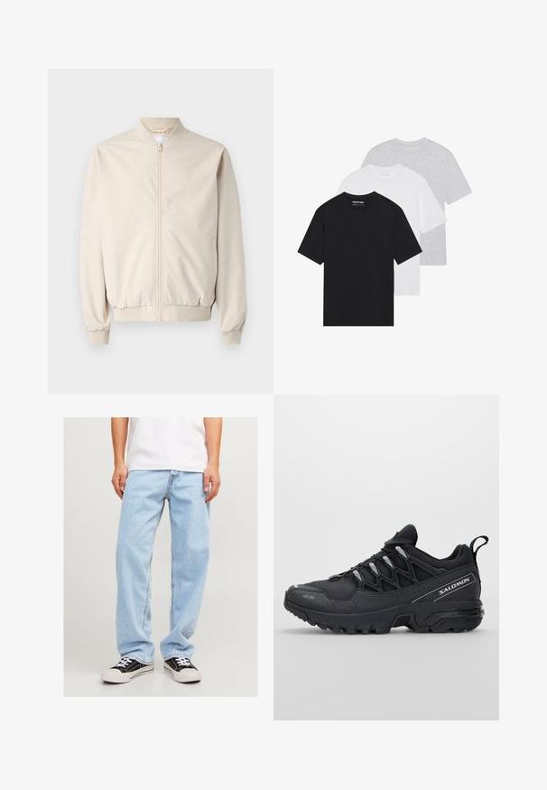 Beige bomberjakas ar priekšējo rāvējslēdzēju, ribota apkakle un piedurknes, gluda auduma virsma, un sānu kabatas. Vienkāršs dizains ar brīvu piegriezumu.; Trīs pamata t-krekli melnā, baltā un gaišpelēkā krāsā. Īsas piedurknes, apaļa kakla izgriezums, izgatavoti no gludas kokvilnas auduma. Redzams zīmola logs.; Gai zila džinsu bikses ar brīvu piegriezumu, kurām ir taisna kāju forma un standarta šuvju dizains, saskaņotas ar melniem sporta apaviem.; Melnas sporta kurpes ar sieta augšdaļu, gumijas zoli un atstarojošiem elementiem. Iezīmējas ar mīkstinātu zoli un pavelkamu aizdari.