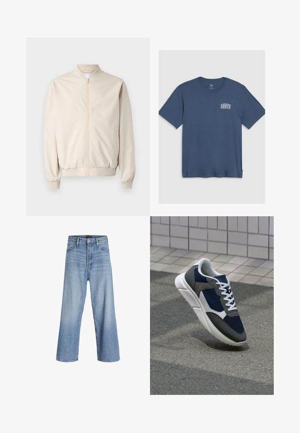 Veste bomber beige avec une fermeture éclair à l'avant, col et poignets côtelés, tissu lisse et poches latérales. Design simple avec une coupe décontractée.; T-shirt en coton bleu avec col rond et manches courtes. Un logo "Levi's" blanc est imprimé sur la partie gauche de la poitrine. Design simple.; Jean en denim bleu clair, taille haute, à jambes larges, avec une fermeture à boutons, un design à cinq poches et une légère décoloration. Finitions au bas net.; Baskets avec une tige en mesh bleu marine, des accents en suède gris, une semelle en caoutchouc blanc et des lacets plats blancs, conçues pour le confort et la respirabilité.