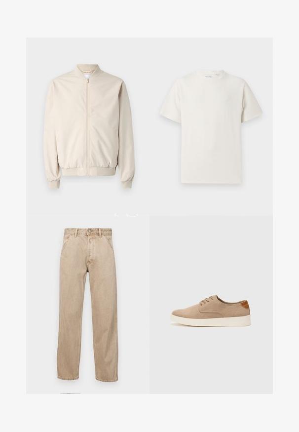 Chaqueta bomber beige con cremallera frontal, cuello y puños acanalados, tela suave y bolsillos laterales. Diseño simple con un corte relajado.; Camiseta blanca de manga corta en textura acanalada. Cuello redondo, corte relajado, sin patrones ni acentos visibles. Diseño simple y versátil.; Jeans de mezclilla beige con un diseño de pierna recta, que cuentan con bolsillos frontales, cierre de botón de metal y una textura sutil.; Zapatillas de ante beige con puntera redondeada, cordones en la parte delantera y un acento texturizado en la parte trasera. La suela de goma blanca proporciona contraste. Diseño sencillo y moderno.