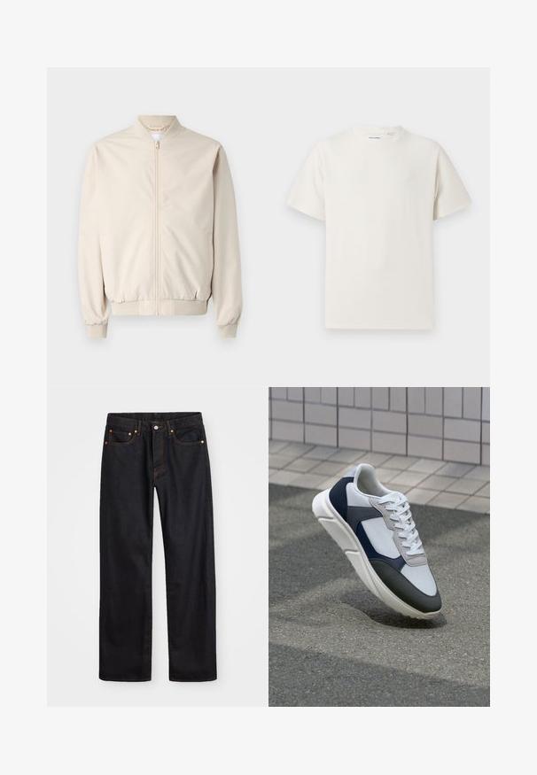 Bežinė bomber tipo striukė su priekiniais užtrauktukais, raukšlėta apykakle ir rankogaliais, lygaus audinio ir šoninėmis kišenėmis. Paprastas dizainas su laisvu siluetu.; Balta trumpa rankovė T-polo marškinėlių su juostelėmis tekstūra. Apvalus iškirpimas, laisvas fasonas, jokių matomų raštų ar akcentų. Paprastas ir universalus dizainas.; Vyrų tiesaus kirpimo juodi džinsai iš denim medžiagos, su penkiomis kišenėmis ir oranžinėmis siūlėmis, su mygtuko ir užtrauktuko uždarymu ant priekio.; Baltos, tamsiai mėlynos ir pilkos sportbačiai su mišriomis medžiagomis, turintys tekstūruotą viršutinę dalį, plokščius raištelius ir paminkštintą pado dalį.