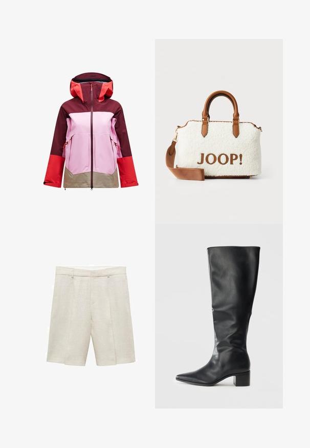 Giacca da esterno colorata con cappuccio bordeaux, maniche rosse, corpo rosa e fondo beige. Realizzata in materiale resistente all'acqua con tasche con zip.; PULL&BEAR Top - white; Pantaloni corti di lino beige con una vestibilità sartoriale, caratterizzati da una parte anteriore piatta, doppie pince e passanti per la cintura. Texture liscia, lunghezza a metà coscia.; Stivale in pelle nera fino al ginocchio con punta affilata e tacco a blocco, visto di lato su uno sfondo semplice.; Borsa morbida bianca con dettagli e manici in pelle marrone. Presenta un logo "JOOP!" in marrone. Include una tracolla rimovibile.