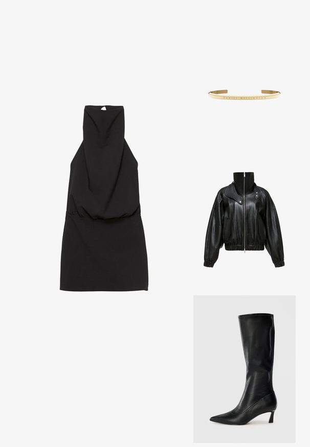 Jachetă din piele neagră cu guler înalt, închidere cu fermoar și design scurt. Dispune de buzunare laterale și manșete și tiv elasticizate.; Rochie neagră fără mâneci, cu guler înalt, având o talie strânsă și un detaliu în formă de cheie la spate. Material neted cu un design simplu.; Cizmă înaltă din piele neagră, cu vârf ascuțit și un toc modest. Textură netedă și design elegant, cu detalii de coasere subtile.; Brățară cuff din metal de culoare aurie, cu un finisaj neted și lustruit, având detalii gravate "DANIEL WELLINGTON" de-a lungul benzii.