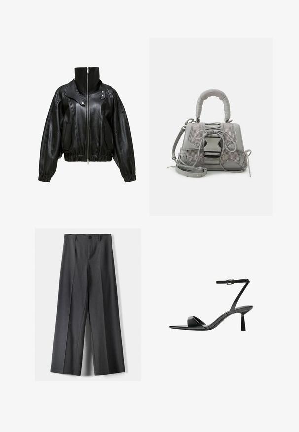 Mustat nahkatakki, jossa on korkea kaulus, vetoketjukiinnitys ja lyhennetty malli. Sisältää sivutaskut sekä joustavat hihansuut ja helman.; Valkoinen palmikkoneulepusero, jossa on pitkät hihat, pyöreä kaula-aukko ja ribbineulos. Lyhyt malli tuo modernin vivahteen.; Housut, joissa on leveät lahkeet tummanharmaasta kankaasta. Varustettu napin sulkemisella, etupleiteillä ja vyölenkeillä. Sujuva rakenne ja räätälöity muotoilu.; Bershka Korolliset sandaalit - black; Harmaa teksturoitu käsilaukku, jossa on pehmustettu kahva, verkko-yksityiskohtia, säädettävä hihna ja etukiinnitys. Kompakti muotoilu, jossa on pyöristetty muoto.