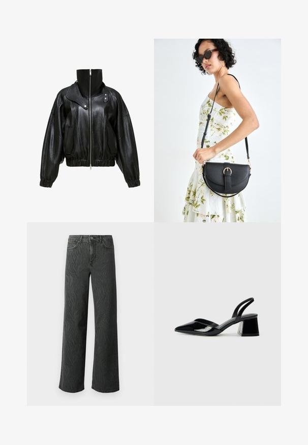 Zwarte leren jas met hoge kraag, ritssluiting en cropped ontwerp. Voorzien van zijzakken en elastische manchetten en zoom.; Blauwwit gestreepte button-up shirt, lange mouwen, enkele zak aan de linkerkant, klassieke kraag, gladde stof met een ontspannen pasvorm.; Brede pijpen jeans in donkergrijs denim, met een subtiele zebra-structuur, contrasterende stiksels en een vijf-pocket ontwerp met een knoopsluiting.; Zwarte gepatineerde leren slingback hakken met een spitse neus en een geometrische blokhak. Kenmerkt zich door een slank, minimalistisch ontwerp en een gladde textuur.; Zwarte leren handtas met een gebogen vorm, afneembare schouderband en gouden hardware. De tas heeft een klep met een gespsluiting.