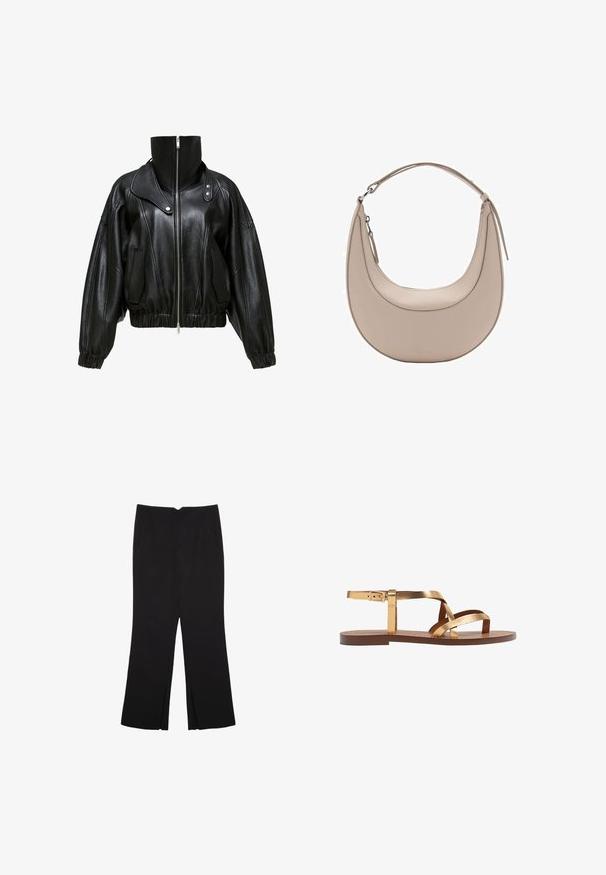 Svart läderjacka med hög krage, dragkedjestängning och kort design. Har sidofickor och elastiska mudd- och fållkanter.; Vit kortärmad skjorta i mjukt tyg, med rund halsringning och en enkel, minimalistisk design utan synliga mönster eller accent.; Svarta byxor med rak passform, utrustade med framfickor och sidoklyvningar vid fållen. Tillverkade av mjukt, slätt tyg. Lämpliga för olika tillfällen.; Guldmetalliska flatsandaler med flera breda remmar, en spänne kring vristen och en brun platt sula. Slät textur genom hela skon.; Beige läderaxelväska med en halvmåneform, slät yta och ett enda böjt handtag. Har dragkedjestängning och snygg sömnad.