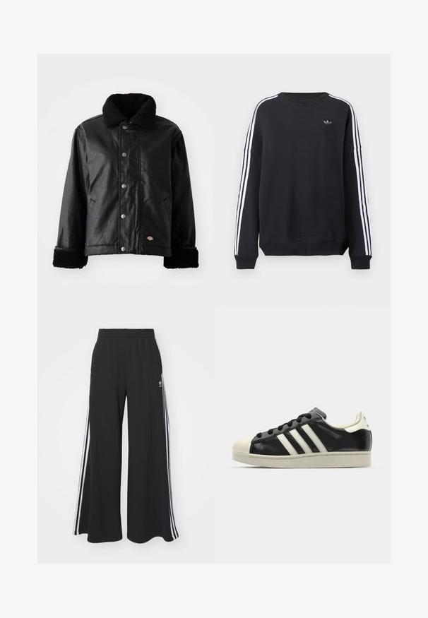 Svart lærjakke med pelskrage, trykknappåpning, sidelommer og myke teksturerte mansjetter. Har logo-merke.; Svart genser med lange ermer, hvite striper langs hver arm og en liten grå logo på brystet. Laget av bomull, avslappet passform.; Svart vide joggebukser med elastisk midjebånd, med hvite sidestriper og brodert logo på venstre lår.; Svarte skinnsneakers med hvite striper, gummitopp, svarte lisser og en kremfarget såle. Glatt tekstur med blank finish.
