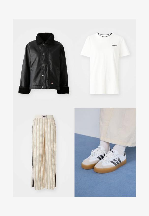Svart lærjakke med pelskrage, trykknappåpning, sidelommer og myke teksturerte mansjetter. Har logo-merke.; Hvit bomull t-skjorte med korte ermer og rund hals. Har en svart Adidas-logo på brystet og en kontrasterende svart indre krage.; Kremfargede bukser med brede ben og zigzag-mønster, med en svart logo-linning og svarte striper på siden. Lett, teksturert stoff.; Hvite sneakers med svarte striper og beige semsket skinn-detaljer. Har en teksturert gummisåle og flate hvite snører, brukt med lyse sokker.