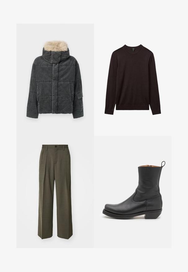 Pelēka kordurova polsterēta jaka ar noņemamu mākslīgās kažokādas kapuci, tai ir kastveida forma, šūts raksts un sānā kabatas detaļa.; Reiss Džemperis - dark bordeaux; Filippa K WIDE TROUSERS - Auduma bikses - driftwood; Melna ādas potītes zābaks ar gludu tekstūru, šauru profilu, sānu šuvēm un zemu kvadrātveida papēdi. Aiz muguras ir pievilkšanas cilpa.