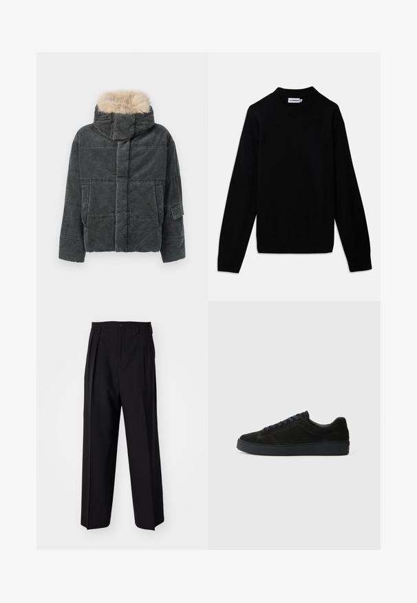 Siva pufasta jakna od manšestera s odvojivim kapuljačom od umjetnog krzna, karakterističnog kutijastog oblika, prošivenim uzorkom i detaljem bočnih džepova.; Crni pulover s rebrastim okruglim izrezom, dugim rukavima i teksturiranim pletenim uzorkom. Nema vidljivih logotipa ili ukrasa.; Crne plisirane hlače s ravnim širokim nogavicama. Izrađene od glatkog materijala, s dugmadi za zatvaranje i petljama za remen.; Crne antilop tenisice s ravnim, teksturiranim potplatom, zaobljenim prstom, šest rupica za vezice i minimalističkim dizajnom.