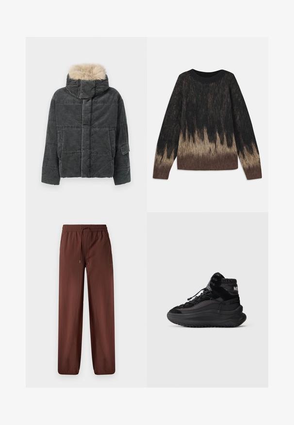 Graue Cord-Pufferjacke mit abnehmbarem Kunstpelzkapuze, mit kastiger Form, Steppmuster und Details an den seitlichen Taschen.; Strickpullover mit Rundhalsausschnitt, schwarzem Oberteil, das zum Saum hin in Braun verblasst, mit strukturierter Oberfläche und langen Ärmeln.; Braune, leichte Hosen mit einem elastischen Bund, Kordelzugdetails und schmal zulaufenden Beinen. Glatte Textur, keine Taschen, minimale Markenkennzeichnung.; Schwarzer High-Top-Sneaker mit dicker Sohle, Schnürverschluss, gepolstertem Knöchelkragen und strukturierten Seitenpaneelen auf einem schlichten hellen Hintergrund.