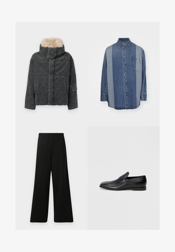 Hall hall triibuline pufferjakk eemaldatava kunstkarusnaha kapuutsiga, kastikujuline, tikitud mustriga ja küljetasku detailiga.; Denim särk, millel on kahetooniline disain, kus on tumedat ja heledat sinist osa, nööpide ees, krae ja rinna tasku.; Mustad laiad püksid, mis on valmistatud pehmest kangast. Omavad elastset vöökohta, sujuvat tekstuuri ja lihtsat, modernset disaini ilma mustriteta.; Must musta libisemisega king, millel on terav varvas, sile tekstuur ja tagasihoidlik bränding küljel. Madal konts puhta ja minimalistliku disainiga.