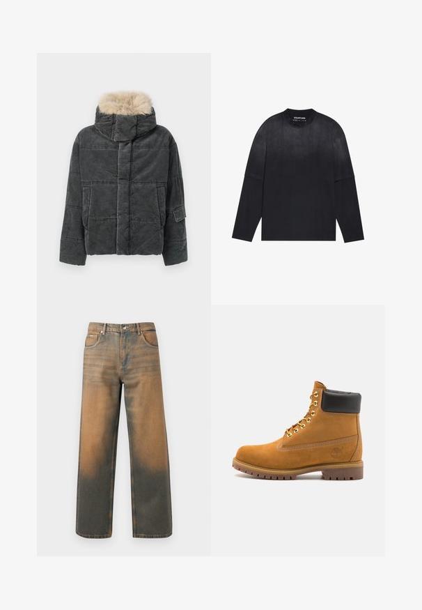 Szürke kordbársony steppelt pufi dzseki levehető műszőrme kapucnival, dobozos szabással, párnázott mintával és oldalsó zsebrészlettel.; Hosszú ujjú fekete póló, puha anyagból készült; kerek nyakkivágása van, laza szabású, és halvány színátmenetet mutat a világostól a sötétig.; Széles lábú farmernadrág kopott kék és barna denimből. Jellemzői a magas derék, az elülső zsebek, és egy klasszikus gombos záródás fémes díszítéssel.; Barna velúr bokacipő fekete párnázott gallérral, arany fém fűzőlyukakkal, fehér varrási részletekkel és durva gumitalppal, amelynek kifejezett barázdái vannak.